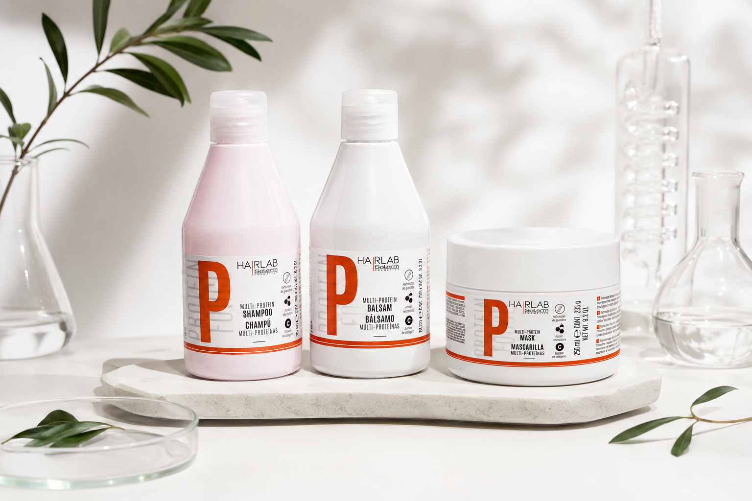 Gamme Multi-Protéines Hairlab Salerm – Shampooing + Baume + Masque Réparateurs
